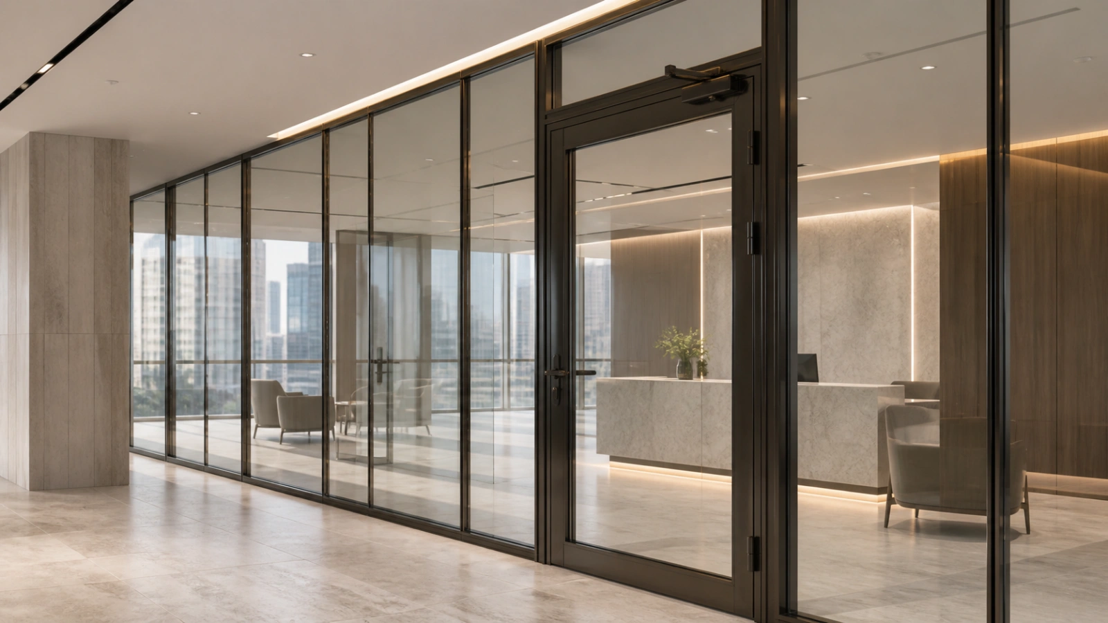 Fire-rated glass partition and glazed door in a Dubai office corridor