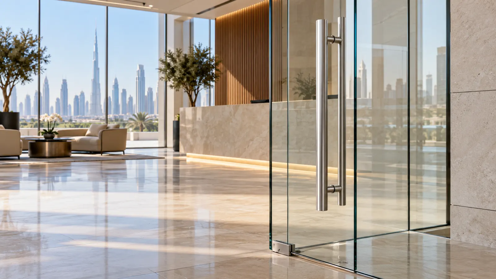 Brushed stainless-steel pull handle on a frameless glass door in a Dubai commercial lobby