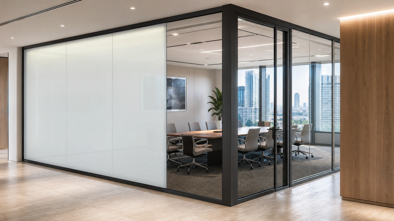 Switchable smart glass meeting room partition in a Dubai office